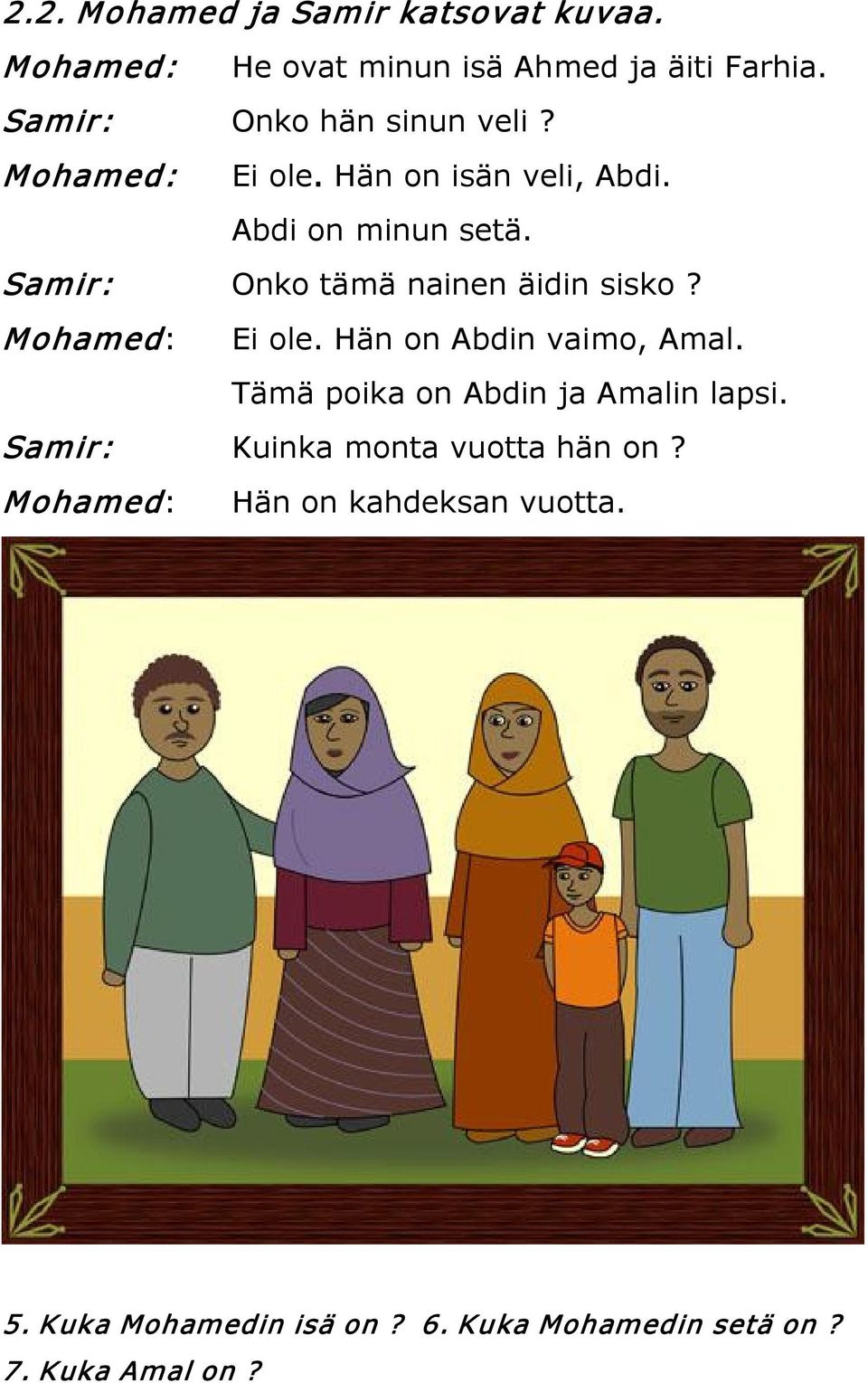 Samir: Onko tämä nainen äidin sisko? Mohamed: Ei ole. Hän on Abdin vaimo, Amal.