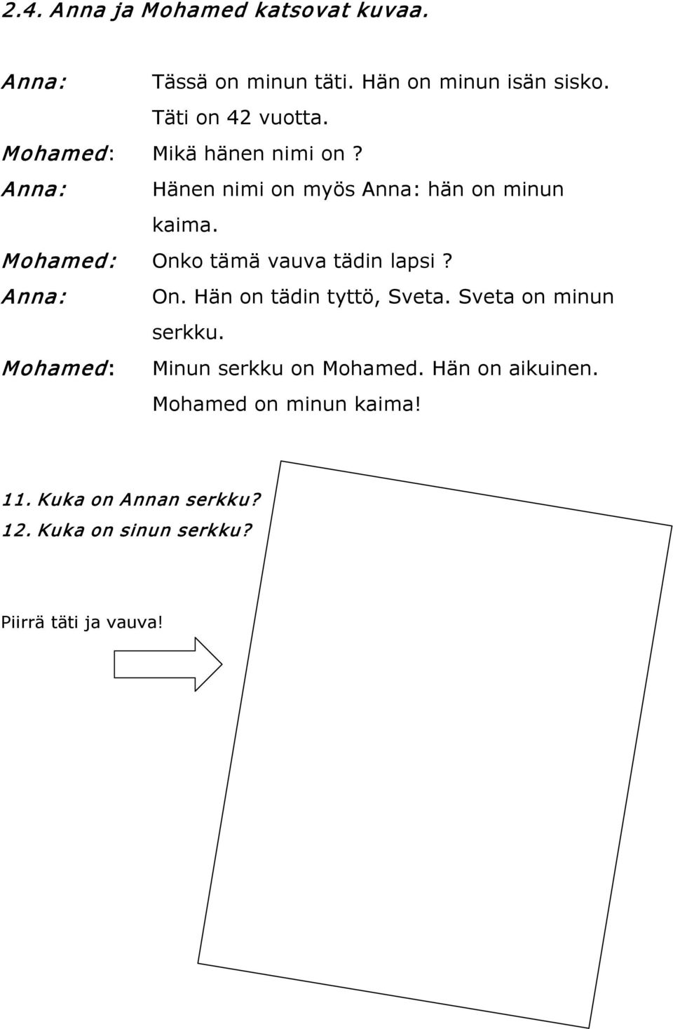 Mohamed: Onko tämä vauva tädin lapsi? Anna: On. Hän on tädin tyttö, Sveta. Sveta on minun serkku.