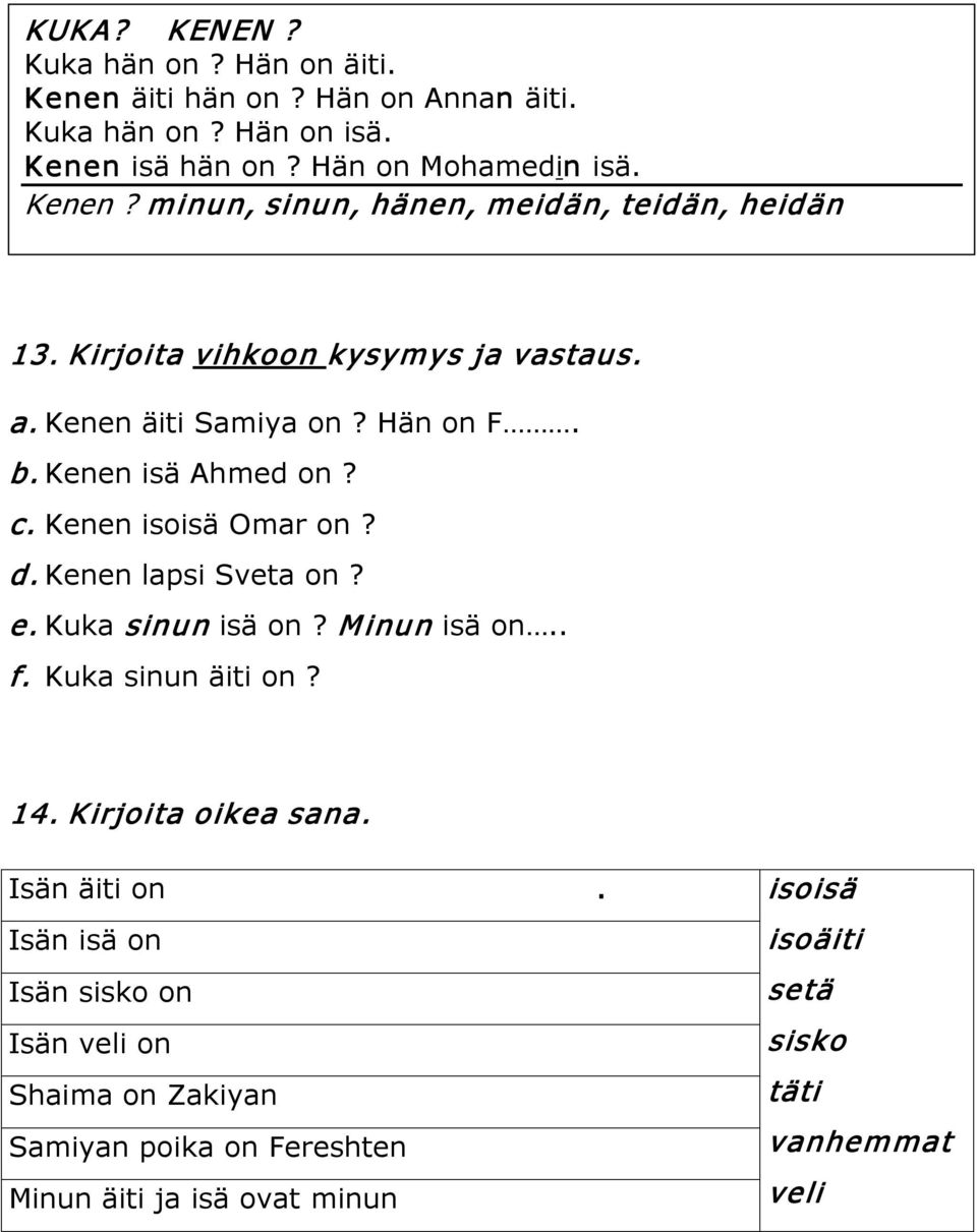 Kuka sinun isä on? Minun isä on.. f. Kuka sinun äiti on? 14. Kirjoita oikea sana. Isän äiti on.