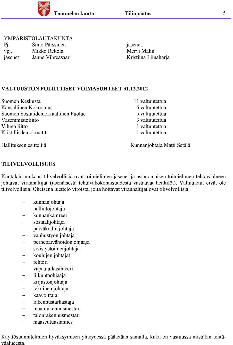 3 valtuutettua 1 valtuutettua 1 valtuutettua Kunnanjohtaja Matti Setälä TILIVELVOLLISUUS Kuntalain mukaan tilivelvollisia ovat toimielinten jäsenet ja asianomaisen toimielimen tehtäväalueen johtavat