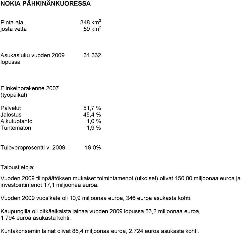 2009 19,0% Taloustietoja: Vuoden 2009 tilinpäätöksen mukaiset toimintamenot (ulkoiset) olivat 150,00 miljoonaa euroa ja investointimenot 17,1 miljoonaa euroa.