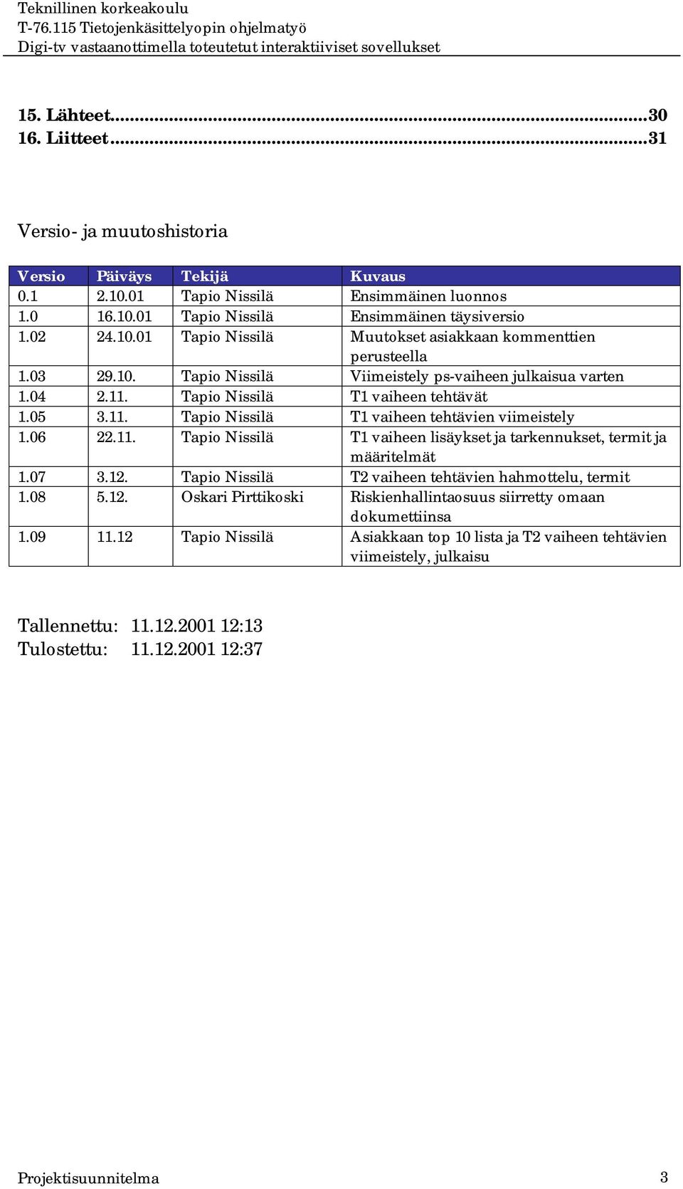 07 3.12. Tapio Nissilä T2 vaiheen tehtävien hahmottelu, termit 1.08 5.12. Oskari Pirttikoski Riskienhallintaosuus siirretty omaan dokumettiinsa 1.09 11.