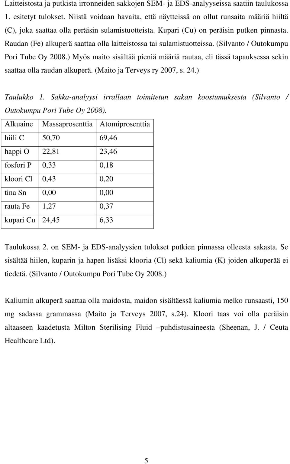 Raudan (Fe) alkuperä saattaa olla laitteistossa tai sulamistuotteissa. (Silvanto / Outokumpu Pori Tube Oy 2008.