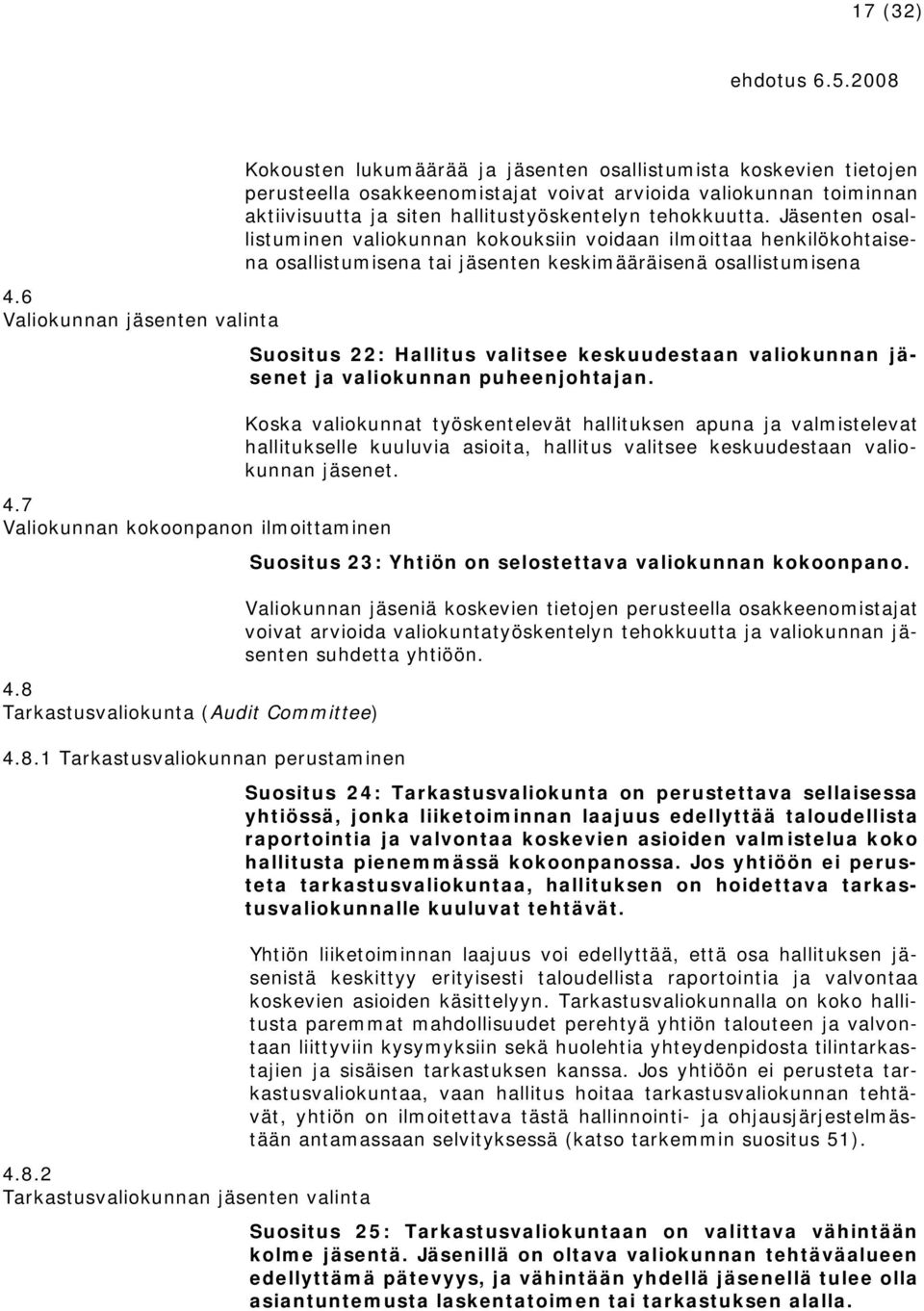 6 Valiokunnan jäsenten valinta Suositus 22: Hallitus valitsee keskuudestaan valiokunnan jäsenet ja valiokunnan puheenjohtajan. 4.