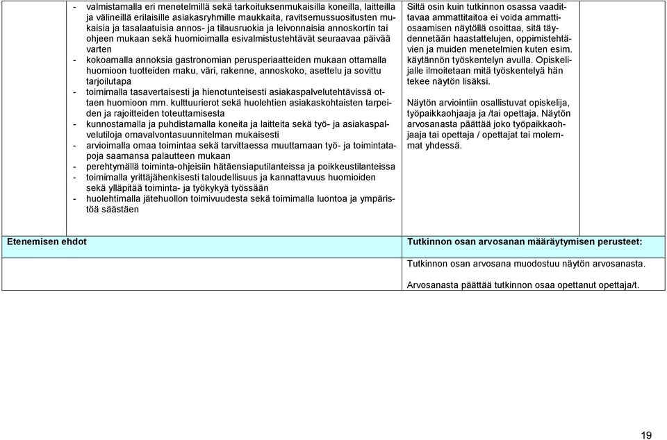 huomioon tuotteiden maku, väri, rakenne, annoskoko, asettelu ja sovittu tarjoilutapa - toimimalla tasavertaisesti ja hienotunteisesti asiakaspalvelutehtävissä ottaen huomioon mm.