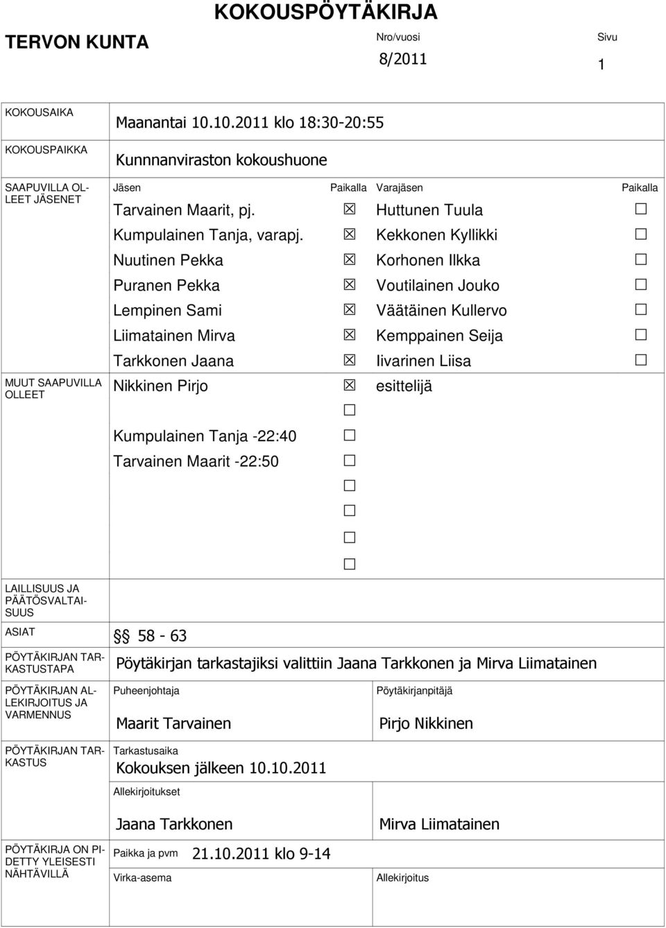 Kekkonen Kyllikki Nuutinen Pekka Korhonen Ilkka Puranen Pekka Voutilainen Jouko Lempinen Sami Väätäinen Kullervo Liimatainen Mirva Kemppainen Seija Tarkkonen Jaana Iivarinen Liisa Nikkinen Pirjo