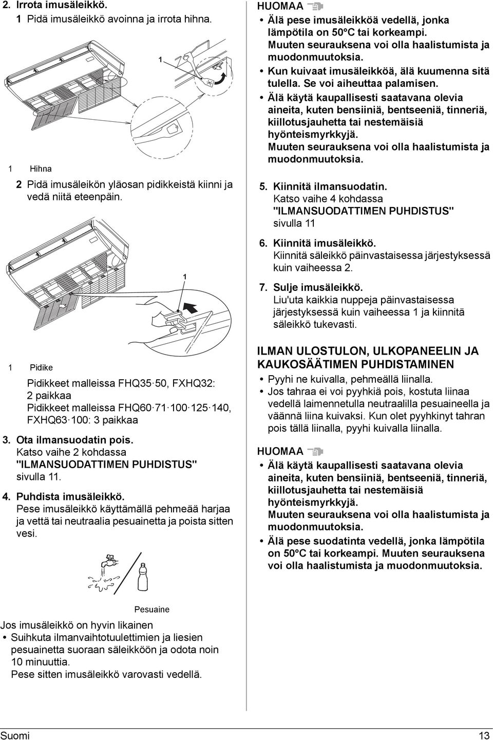 Katso vaihe 2 kohdassa "ILMANSUODATTIMEN PUHDISTUS" sivulla. 4. Puhdista imusäleikkö. Pese imusäleikkö käyttämällä pehmeää harjaa ja vettä tai neutraalia pesuainetta ja poista sitten vesi.