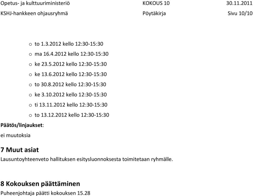 2012 kello 12:30-15:30 o to 13.12.2012 kello 12:30-15:30 Päätös/linjaukset: ei muutoksia 7 Muut asiat Lausuntoyhteenveto