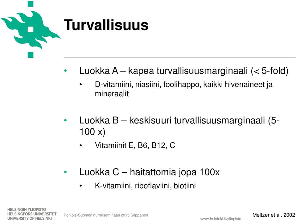 Luokka B keskisuuri turvallisuusmarginaali (5-1 x) Vitamiinit E, B6,