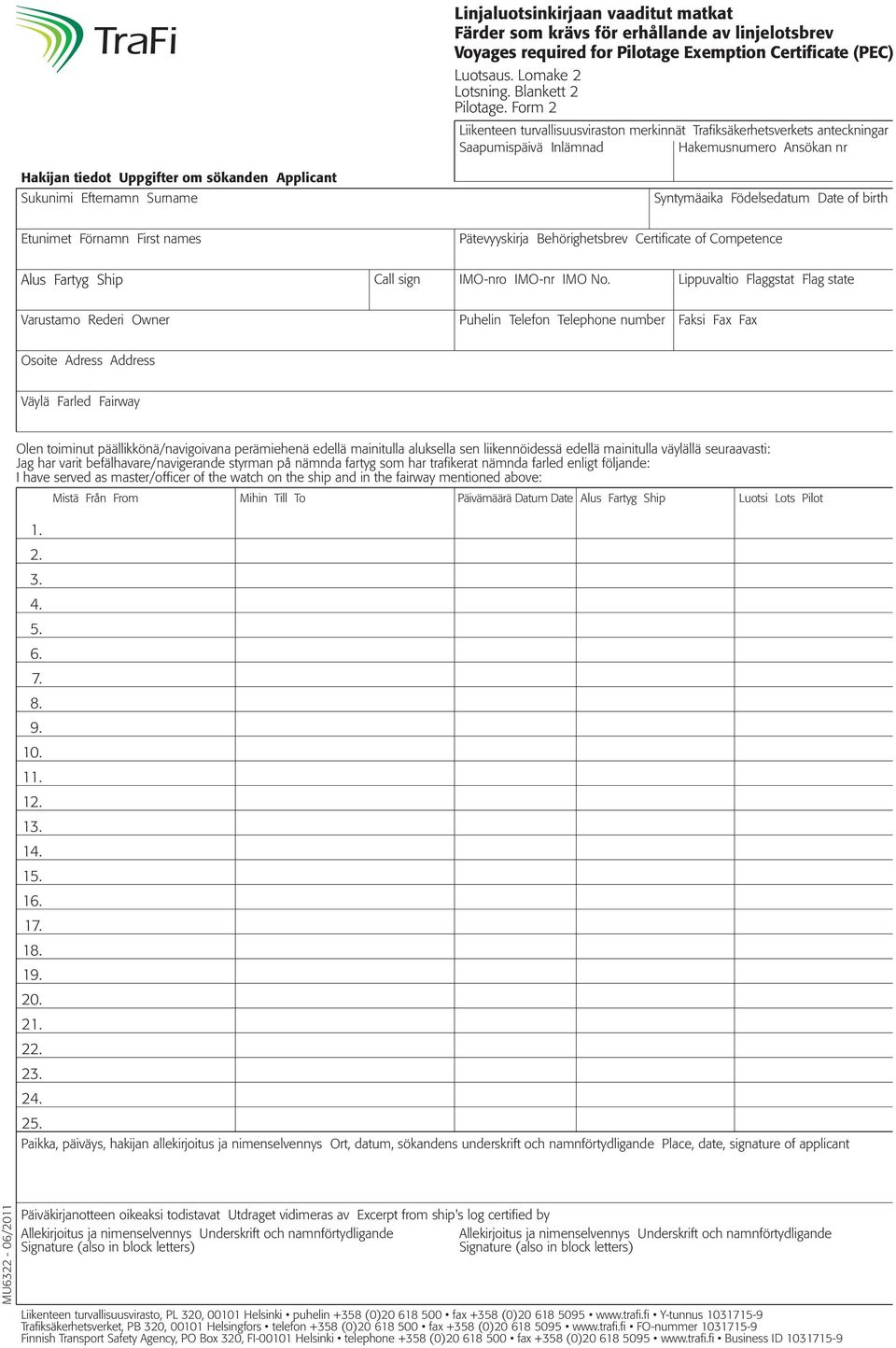 Surname Syntymäaika Födelsedatum Date of birth Etunimet Förnamn First names Pätevyyskirja Behörighetsbrev Certificate of Competence Alus Fartyg Ship Call sign IMO-nro IMO-nr IMO No.