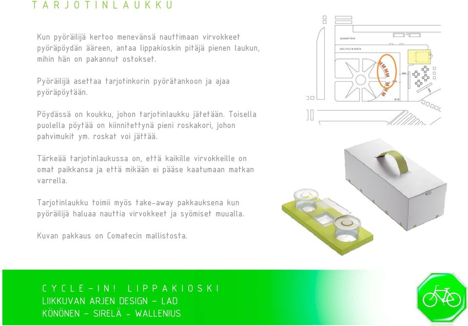 Toisella puolella pöytää on kiinnitettynä pieni roskakori, johon pahvimukit ym. roskat voi jättää.