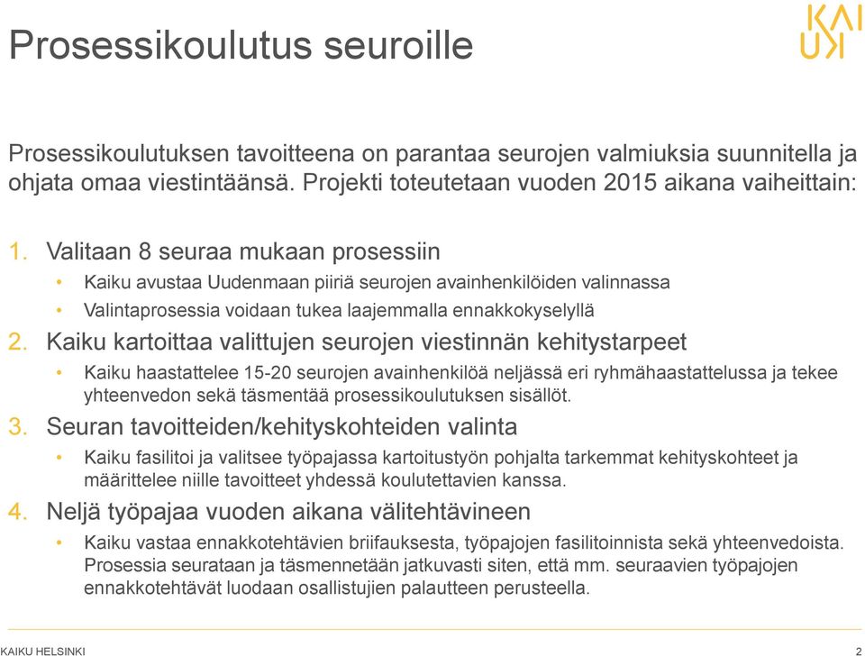 Kaiku kartoittaa valittujen seurojen viestinnän kehitystarpeet Kaiku haastattelee 15-20 seurojen avainhenkilöä neljässä eri ryhmähaastattelussa ja tekee yhteenvedon sekä täsmentää prosessikoulutuksen