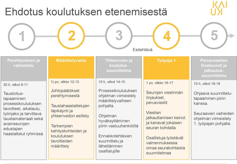 Johtopäätökset perehtymisestä Taustahaastattelujen läpikäynti ja yhteenvedon esittely Tarkempien kehityskohteiden ja koulutuksen tavoitteiden määrittely 10 h, viikot 14-15 Prosessikoulutuksen