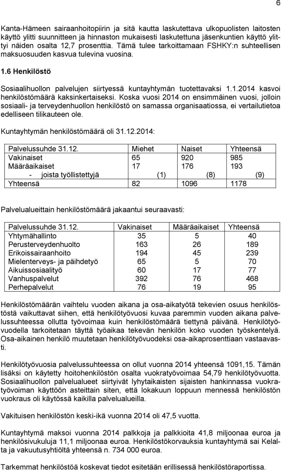 Koska vuosi 2014 on ensimmäinen vuosi, jolloin sosiaali- ja terveydenhuollon henkilöstö on samassa organisaatiossa, ei vertailutietoa edelliseen tilikauteen ole. Kuntayhtymän henkilöstömäärä oli 31.