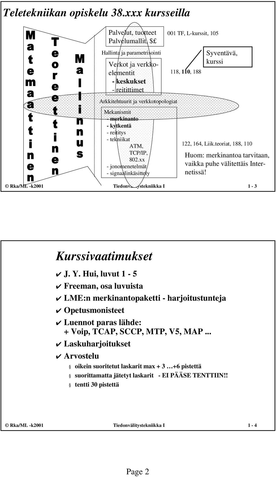 Arkkitehtuurit ja verkkotopologiat Mekanismit - merkinanto - kytkentä - reititys - tekniikat ATM, TCP/IP, 802.xx - jonomenetelmät - signaalinkäsittely 122, 164, Liik.