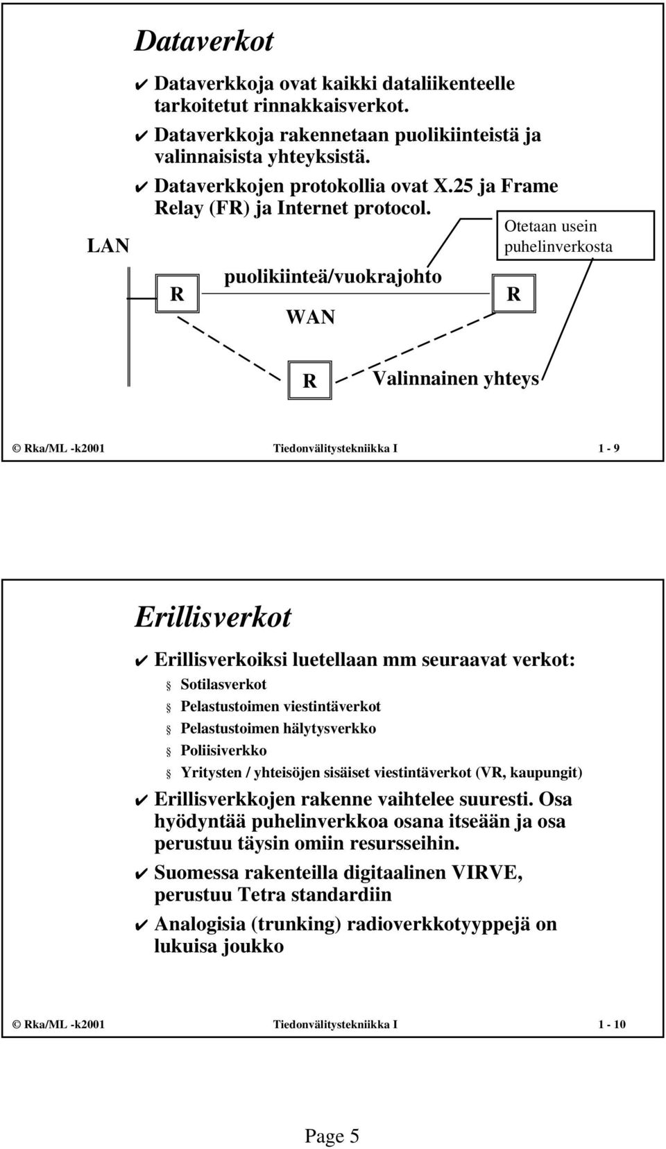 R puolikiinteä/vuokrajohto WAN Otetaan usein puhelinverkosta R R Valinnainen yhteys Rka/ML -k2001 Tiedonvälitystekniikka I 1-9 Erillisverkot Erillisverkoiksi luetellaan mm seuraavat verkot: