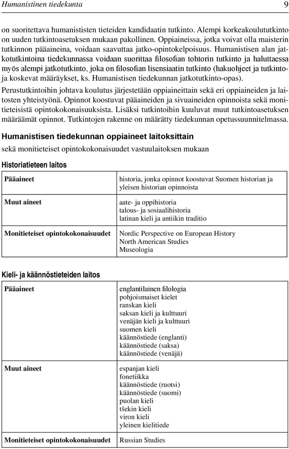 Humanistisen alan jatkotutkintoina tiedekunnassa voidaan suorittaa filosofian tohtorin tutkinto ja haluttaessa myös alempi jatkotutkinto, joka on filosofian lisensiaatin tutkinto (hakuohjeet ja