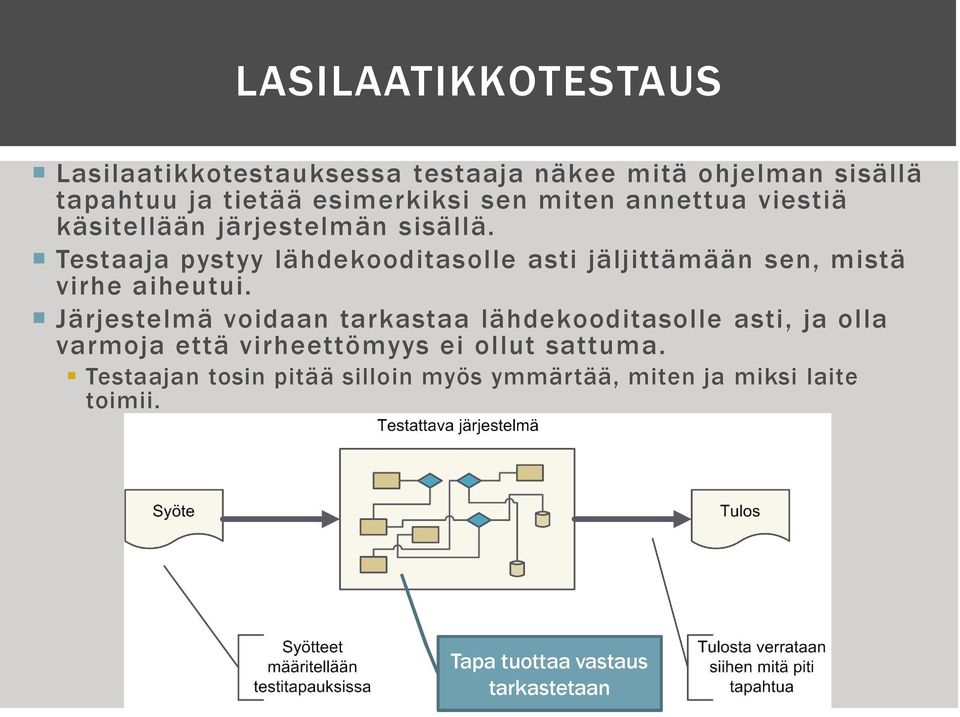 Testaaja pystyy lähdekooditasolle asti jäljittämään sen, mistä virhe aiheutui.