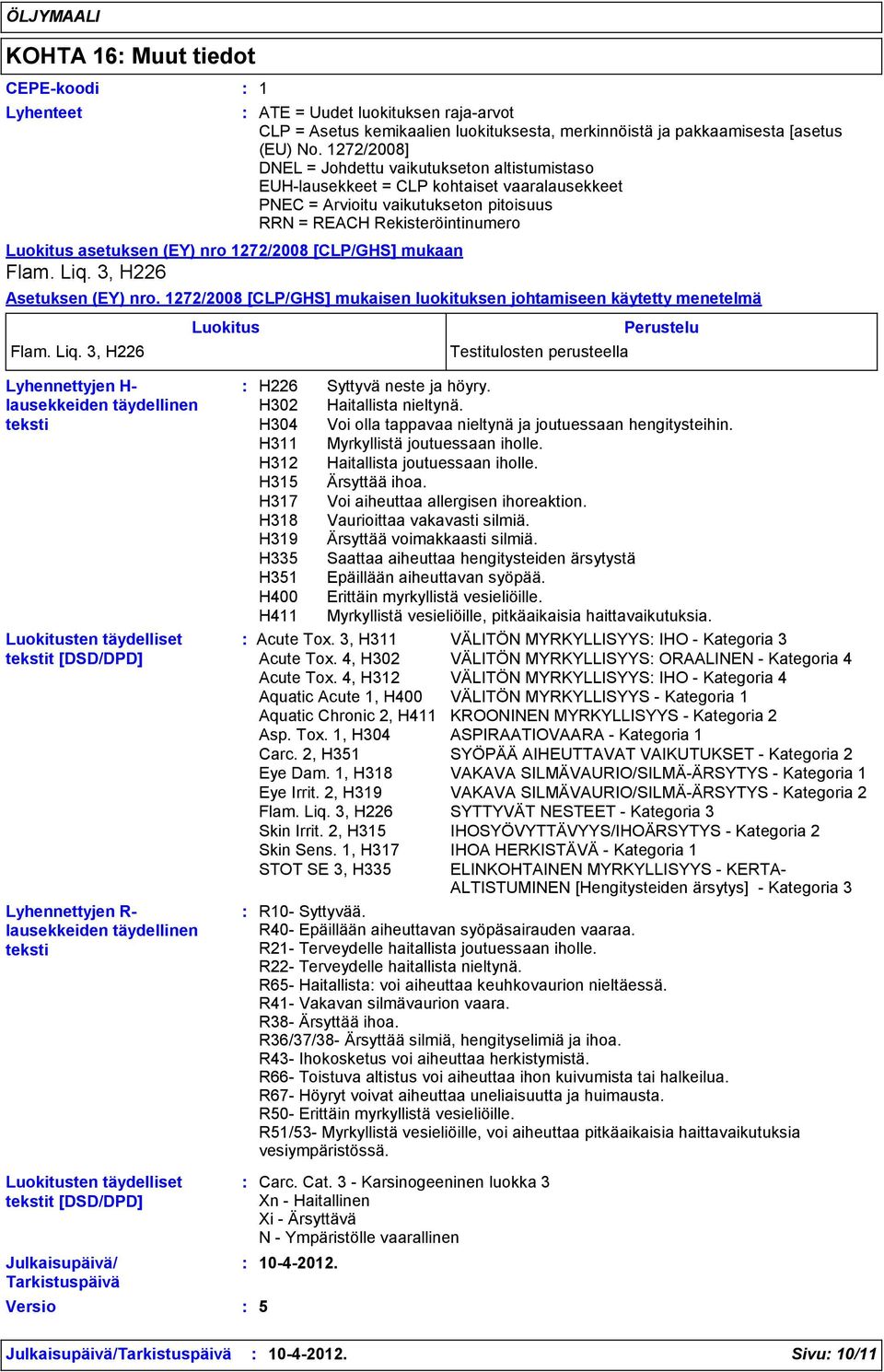 1272/2008] DNEL = Johdettu vaikutukseton altistumistaso EUH-lausekkeet = CLP kohtaiset vaaralausekkeet PNEC = Arvioitu vaikutukseton pitoisuus RRN = REACH Rekisteröintinumero Asetuksen (EY) nro.