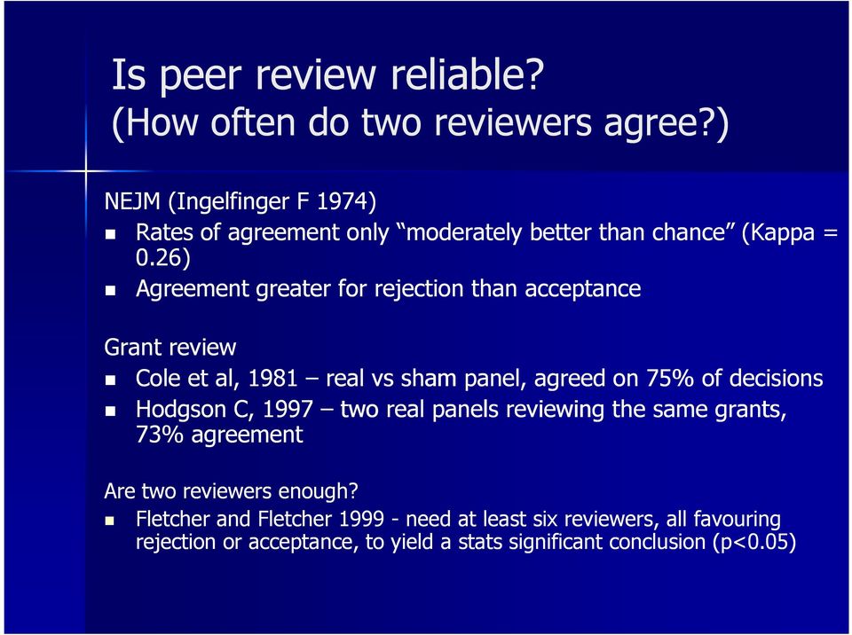 26) Agreement greater for rejection than acceptance Grant review Cole et al, 1981 real vs sham panel, agreed on 75% of decisions