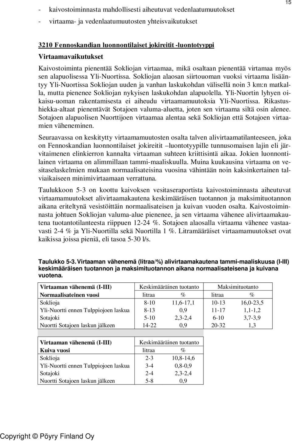 Sokliojan alaosan siirtouoman vuoksi virtaama lisääntyy Yli-Nuortissa Sokliojan uuden ja vanhan laskukohdan välisellä noin 3 km:n matkalla, mutta pienenee Sokliojan nykyisen laskukohdan alapuolella.