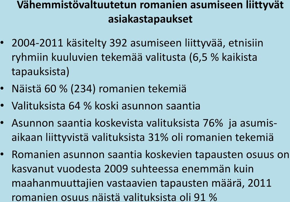 koskevista valituksista 76% ja asumisaikaan liittyvistä valituksista 31% oli romanien tekemiä Romanien asunnon saantia koskevien tapausten