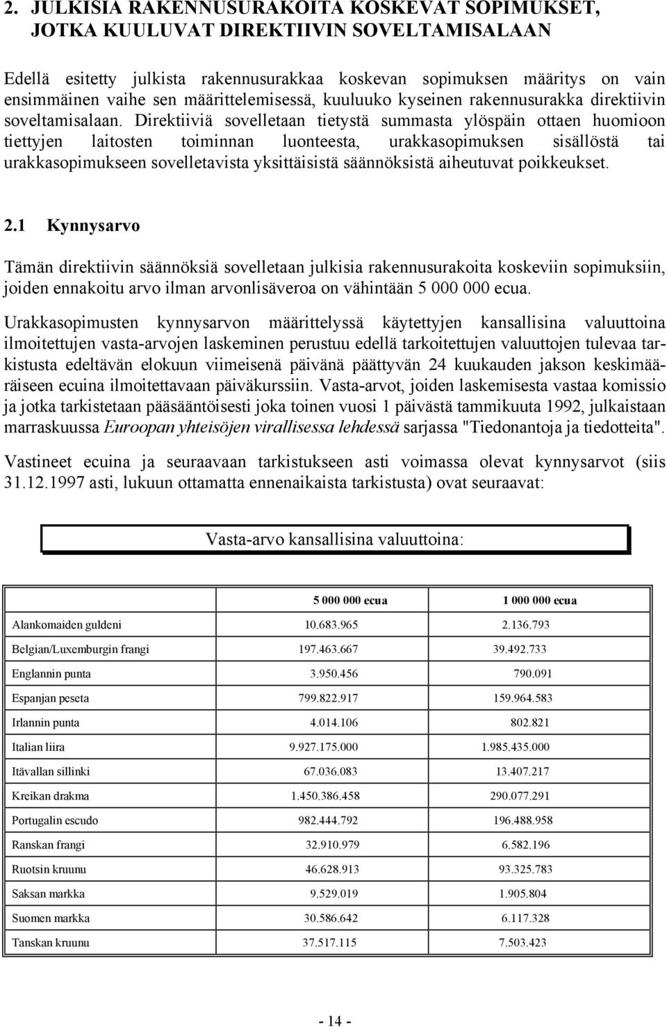 Direktiiviä sovelletaan tietystä summasta ylöspäin ottaen huomioon tiettyjen laitosten toiminnan luonteesta, urakkasopimuksen sisällöstä tai urakkasopimukseen sovelletavista yksittäisistä