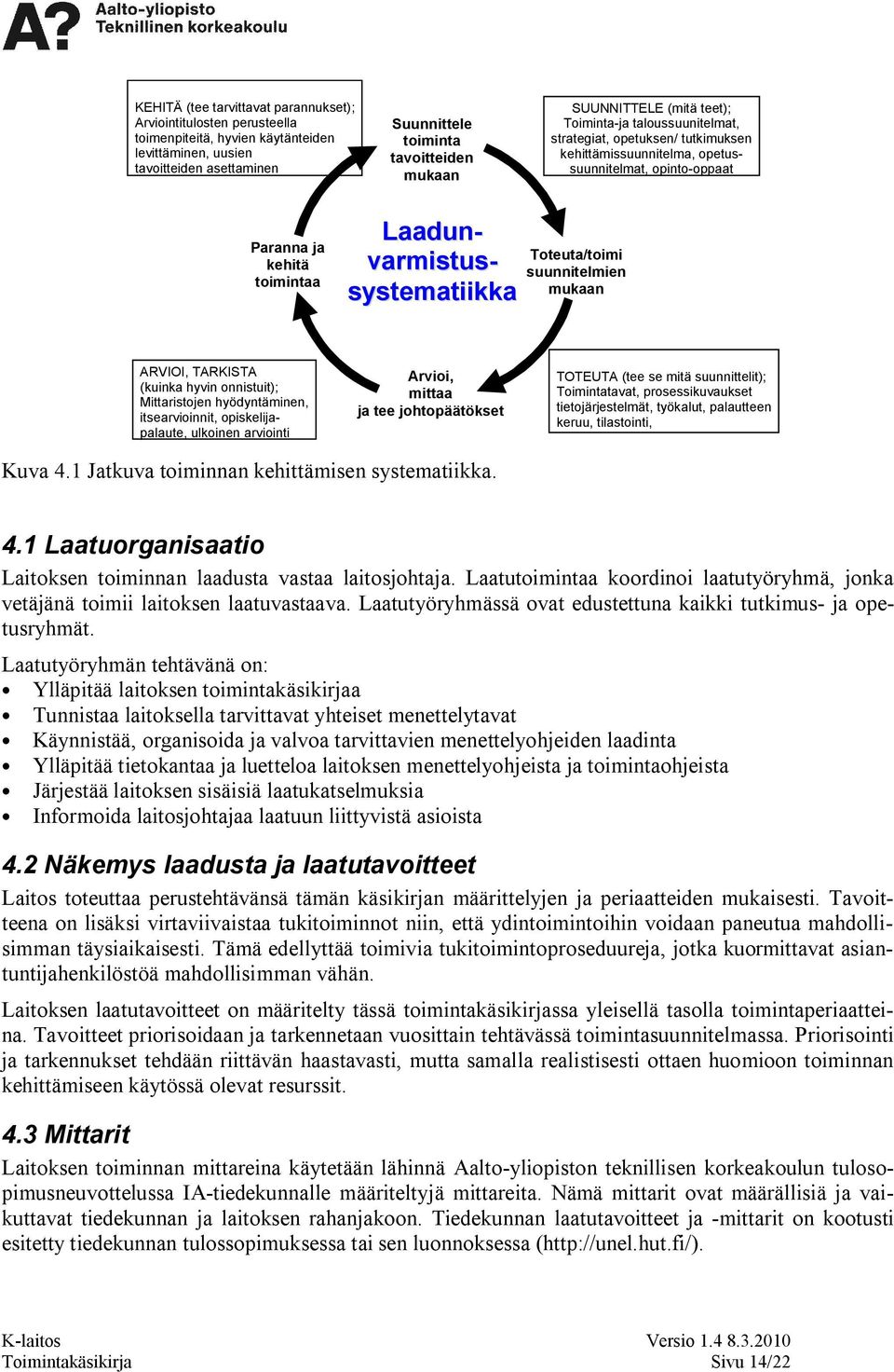 Laadunvarmistussystematiikka Toteuta/toimi suunnitelmien mukaan ARVIOI, TARKISTA (kuinka hyvin onnistuit); Mittaristojen hyödyntäminen, itsearvioinnit, opiskelijapalaute, ulkoinen arviointi Arvioi,