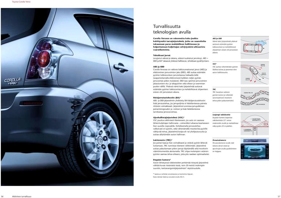 ABS ja EBD Corolla Versossa on vakiona lukkiutumattomat jarrut (ABS) ja elektroninen jarruvoimien jako (EBD).