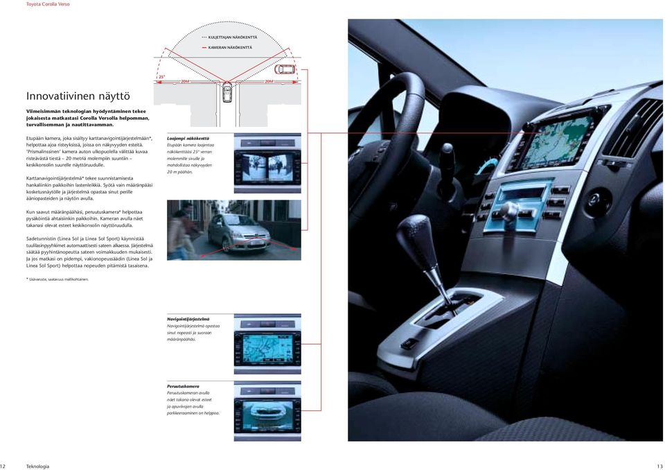 Prismalinssinen kamera auton ulkopuolella välittää kuvaa risteävästä tiestä 20 metriä molempiin suuntiin keskikonsolin suurelle näyttöruudulle.