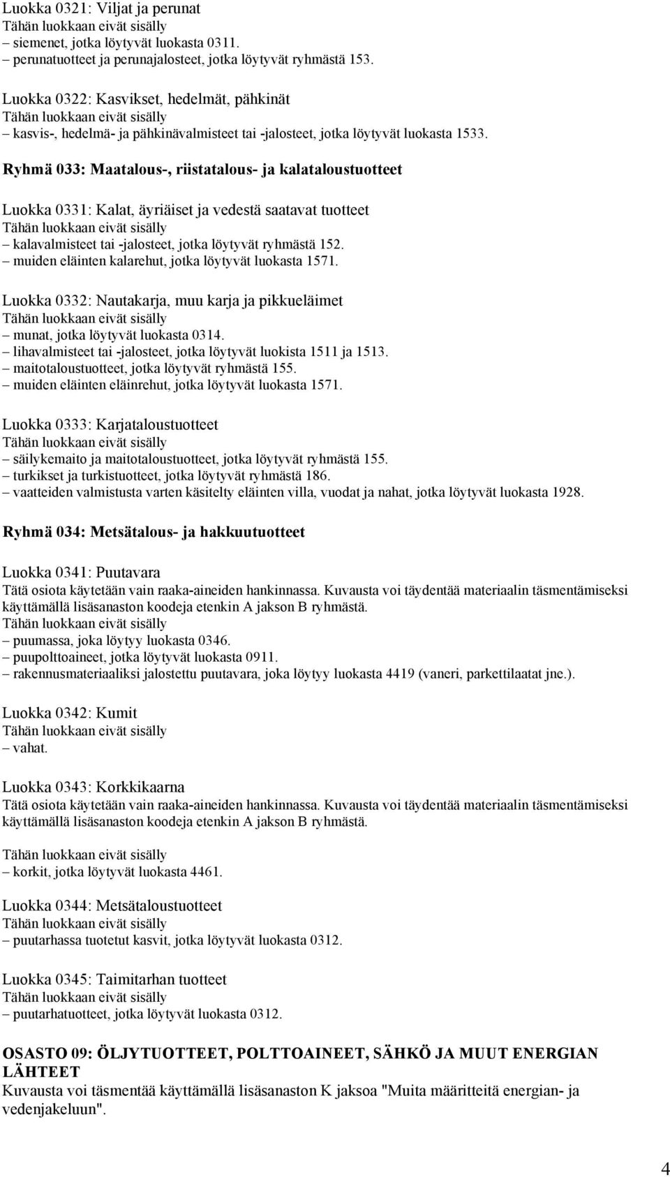 Ryhmä 033: Maatalous-, riistatalous- ja kalataloustuotteet Luokka 0331: Kalat, äyriäiset ja vedestä saatavat tuotteet kalavalmisteet tai -jalosteet, jotka löytyvät ryhmästä 152.