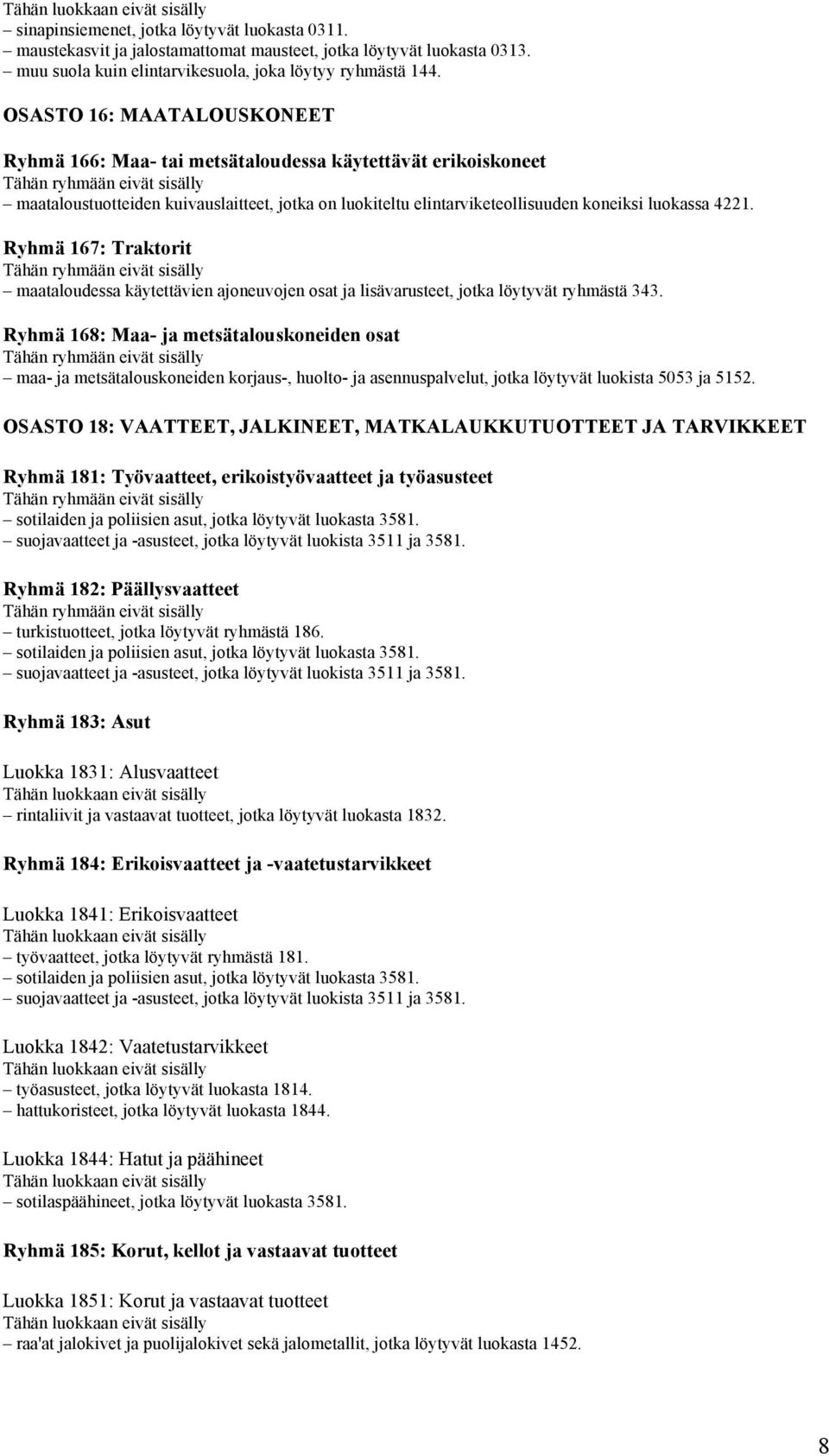 Ryhmä 167: Traktorit maataloudessa käytettävien ajoneuvojen osat ja lisävarusteet, jotka löytyvät ryhmästä 343.