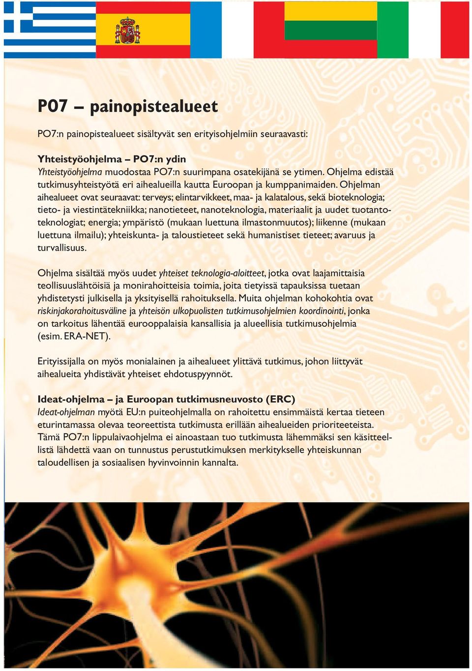 Ohjelman aihealueet ovat seuraavat: terveys; elintarvikkeet, maa- ja kalatalous, sekä bioteknologia; tieto- ja viestintätekniikka; nanotieteet, nanoteknologia, materiaalit ja uudet tuotanto -