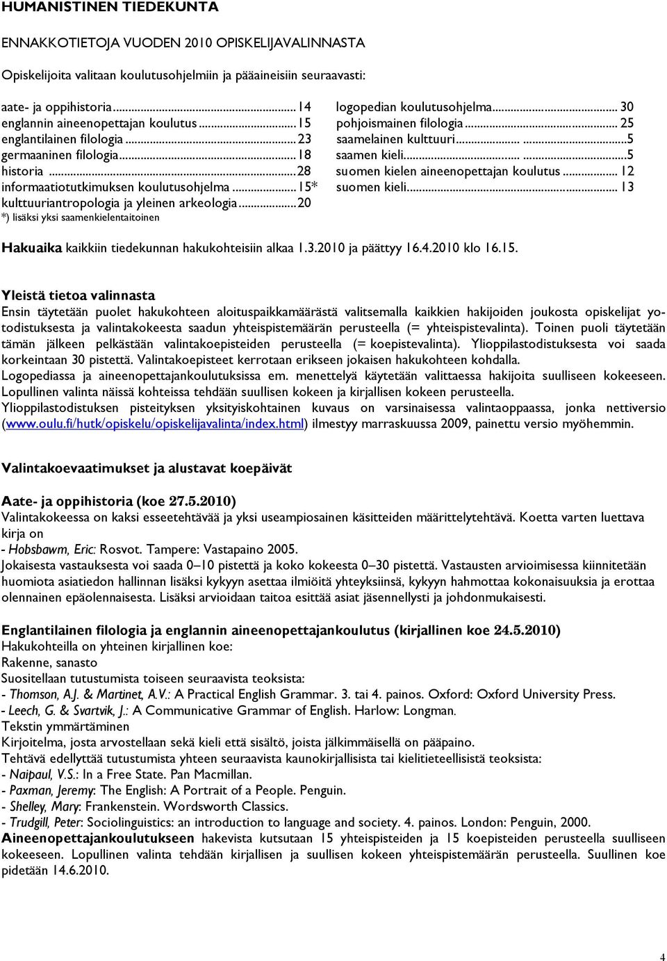 ..28 suomen kielen aineenopettajan koulutus... 12 informaatiotutkimuksen koulutusohjelma...15* suomen kieli... 13 kulttuuriantropologia ja yleinen arkeologia.