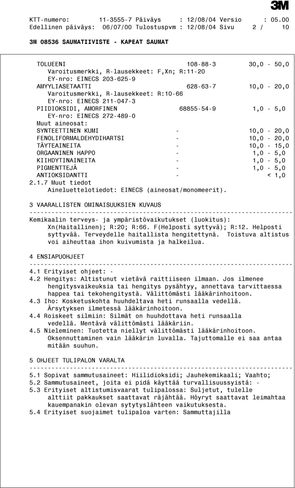 - 10,0-20,0 TÄYTEAINEITA - 10,0-15,0 ORGAANINEN HAPPO - 1,0-5,0 KIIHDYTINAINEITA - 1,0-5,0 PIGMENTTEJÄ - 1,0-5,0 ANTIOKSIDANTTI - < 1,0 2.1.7 Muut tiedot Aineluettelotiedot: EINECS (aineosat/monomeerit).