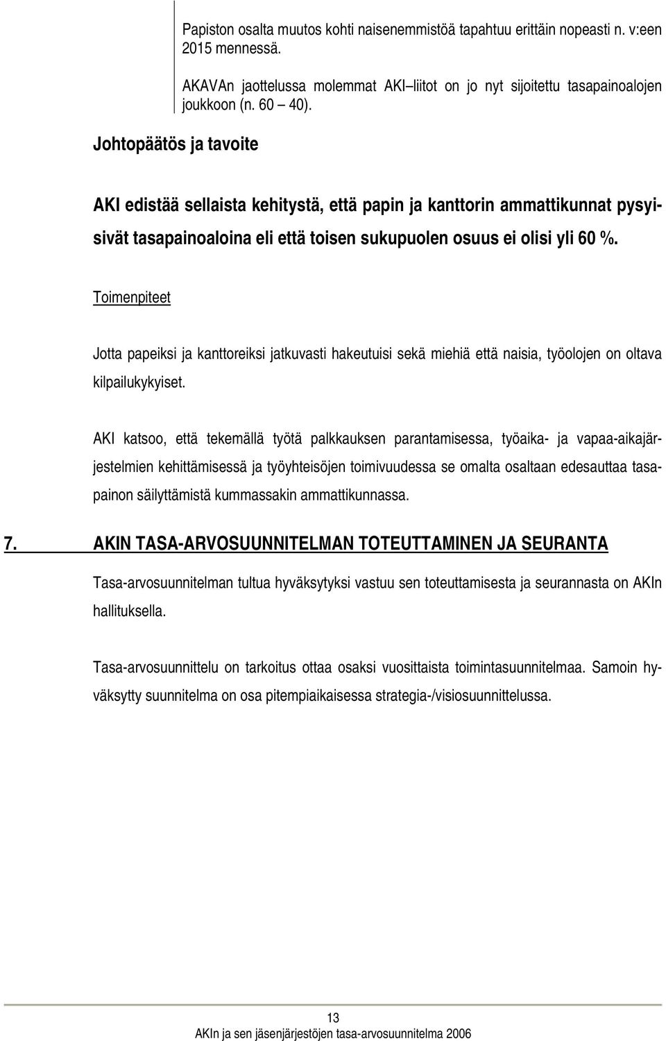 AKI edistää sellaista kehitystä, että papin ja kanttorin ammattikunnat pysyisivät tasapainoaloina eli että toisen sukupuolen osuus ei olisi yli 60 %.