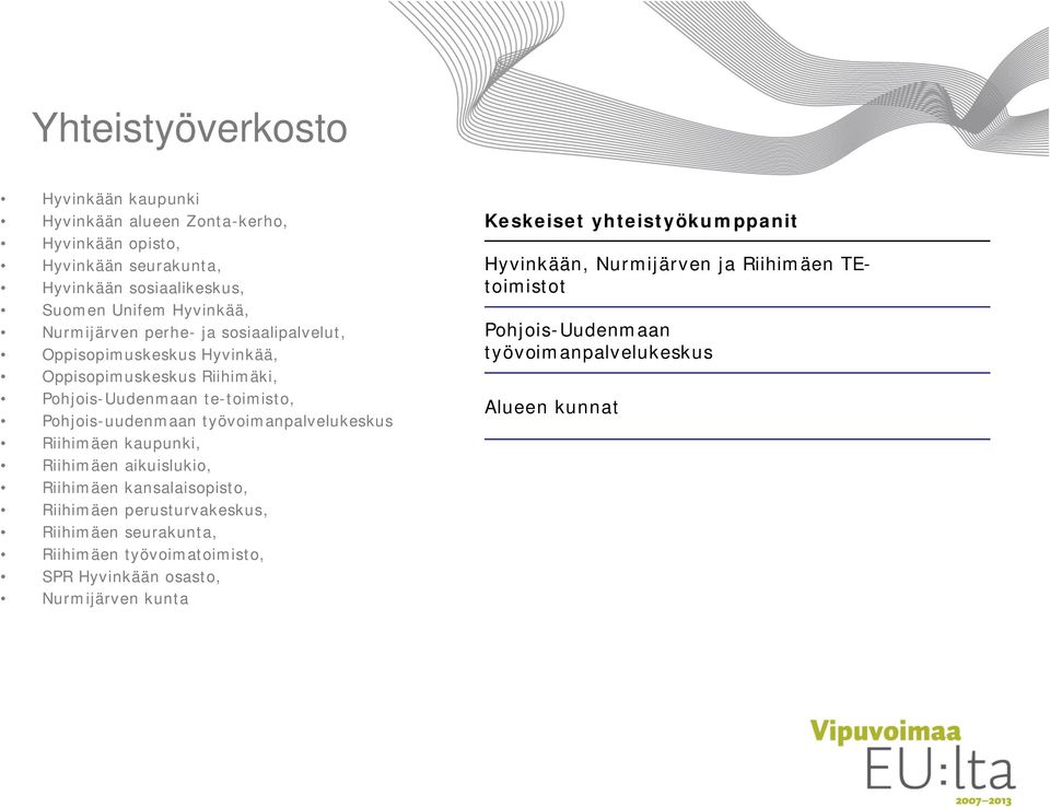 työvoimanpalvelukeskus Riihimäen kaupunki, Riihimäen aikuislukio, Riihimäen kansalaisopisto, Riihimäen perusturvakeskus, Riihimäen seurakunta, Riihimäen