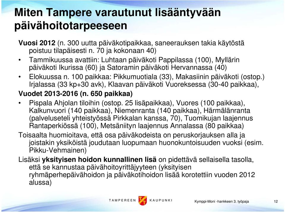 100 paikkaa: Pikkumuotiala (33), Makasiinin päiväkoti (ostop.) rjalassa (33 kp+30 avk), Klaavan päiväkoti Vuoreksessa (30-40 paikkaa), Vuodet 2013-2016 (n.