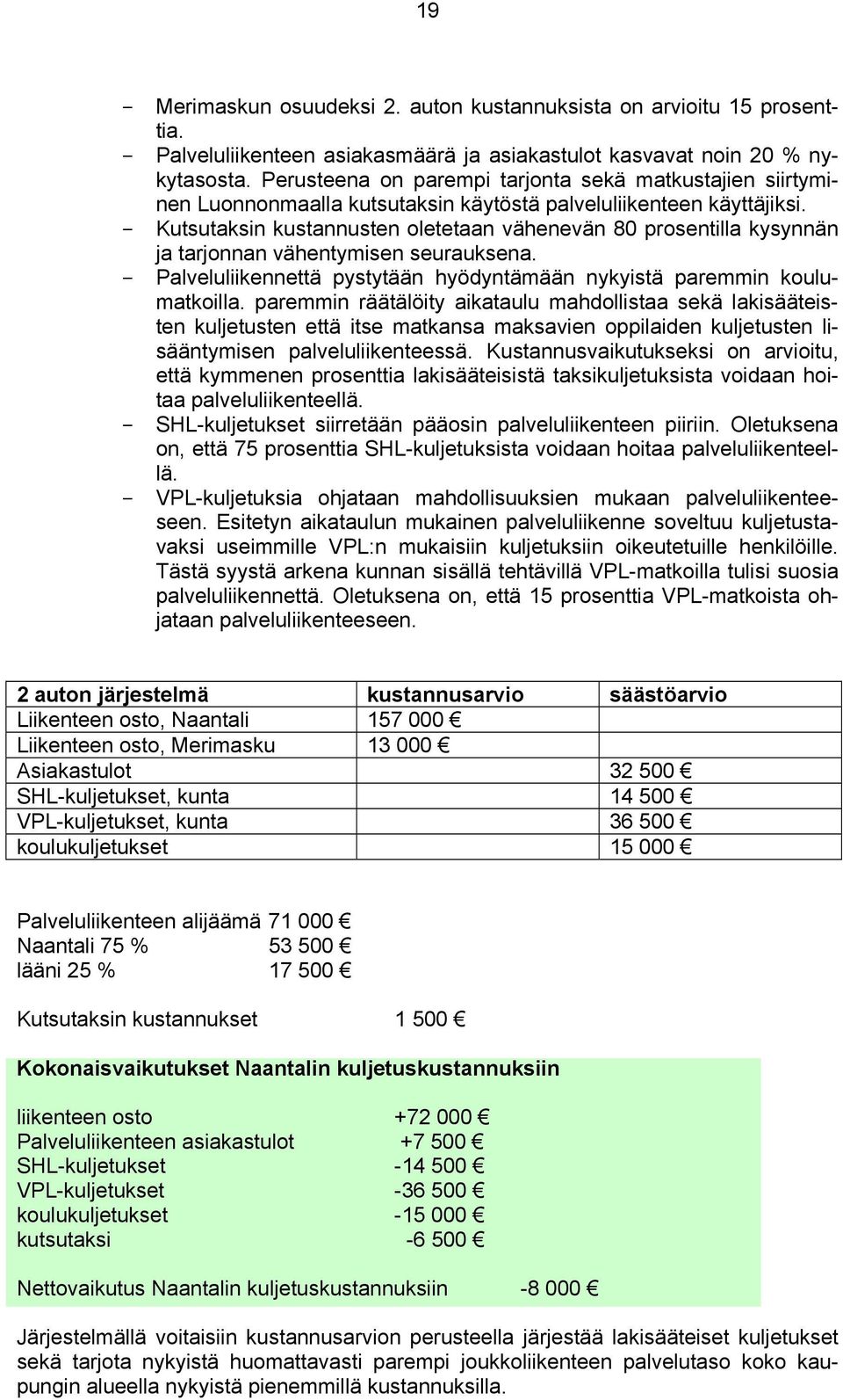 - Kutsutaksin kustannusten oletetaan vähenevän 80 prosentilla kysynnän ja tarjonnan vähentymisen seurauksena. - Palveluliikennettä pystytään hyödyntämään nykyistä paremmin koulumatkoilla.