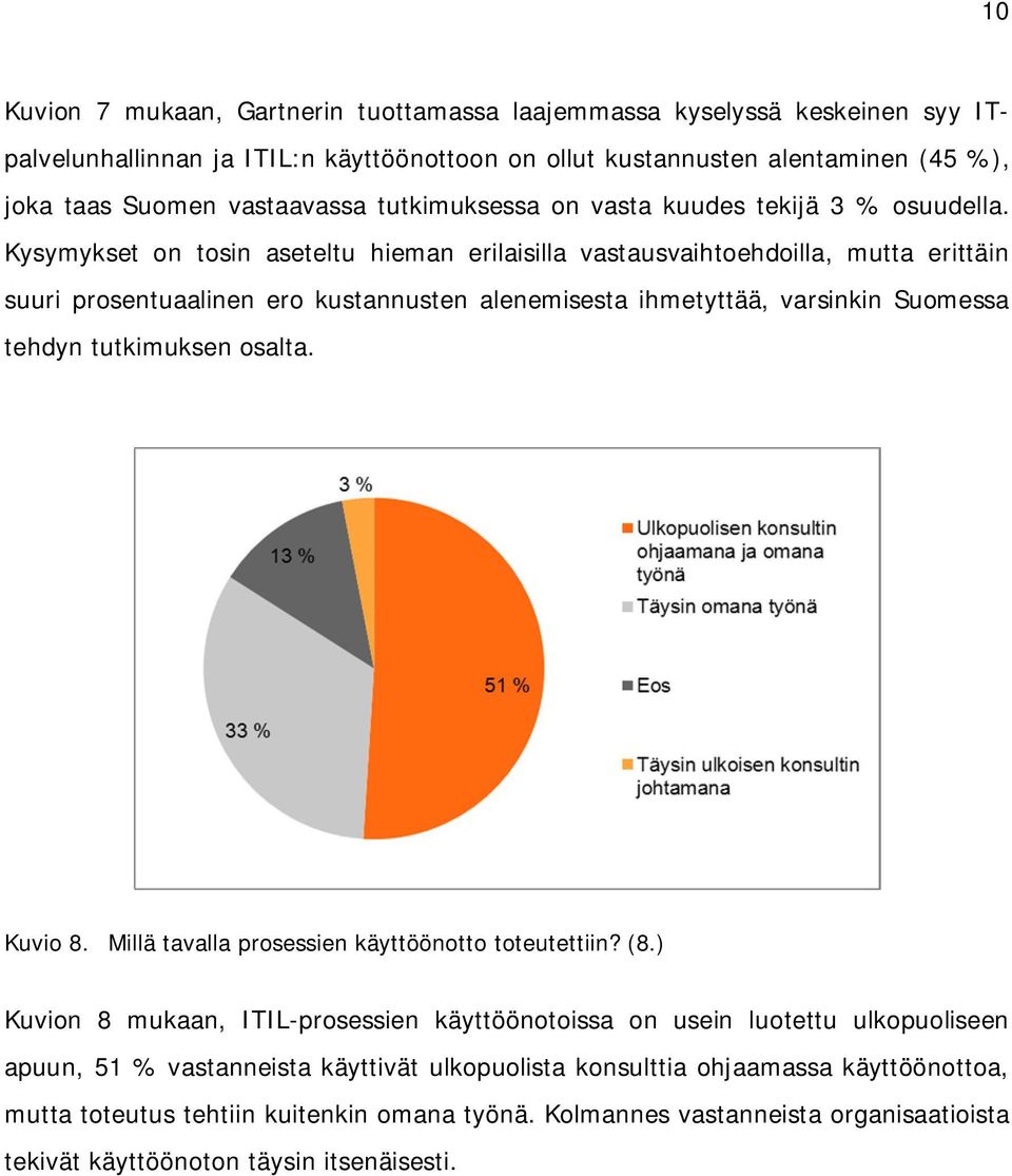 Kysymykset on tosin aseteltu hieman erilaisilla vastausvaihtoehdoilla, mutta erittäin suuri prosentuaalinen ero kustannusten alenemisesta ihmetyttää, varsinkin Suomessa tehdyn tutkimuksen osalta.