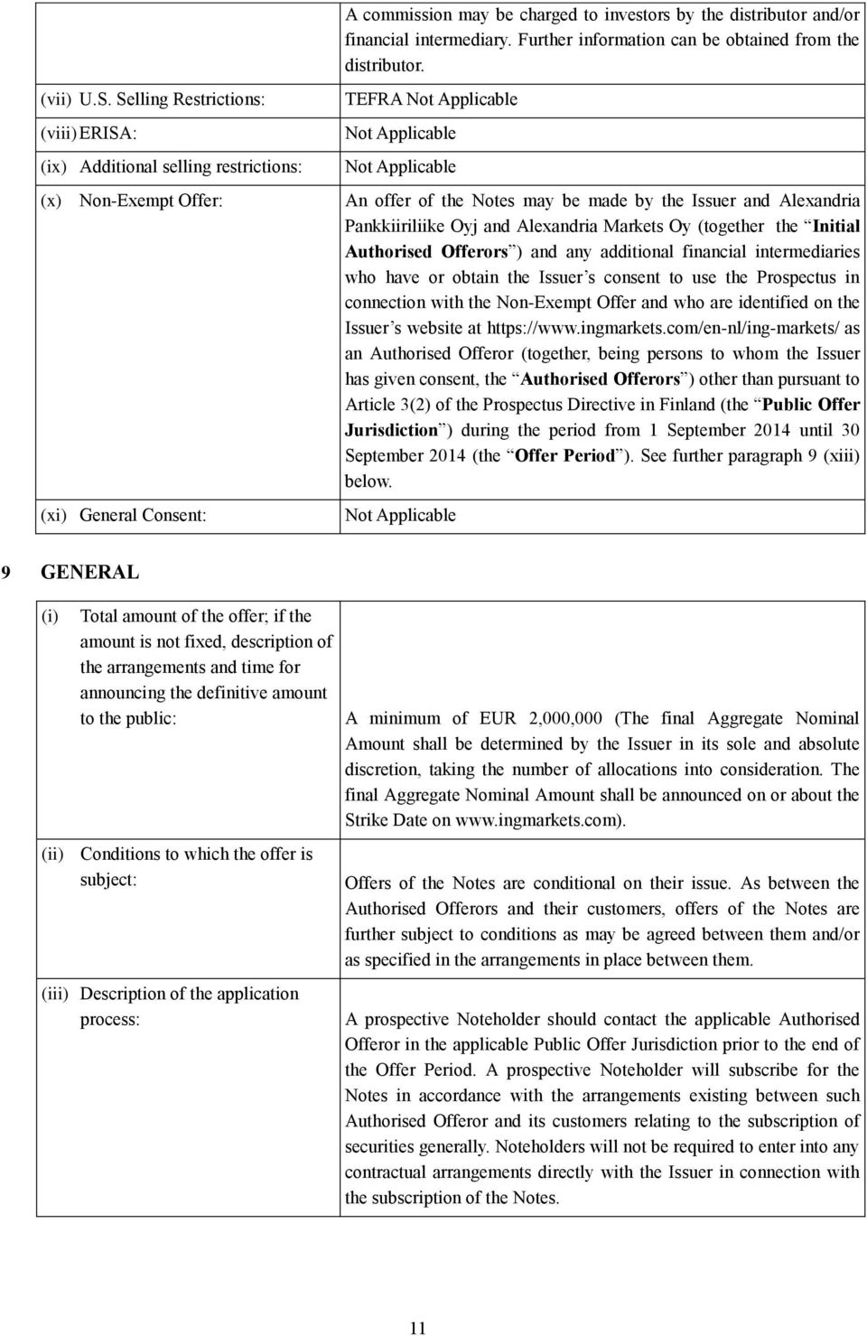 Pankkiiriliike Oyj and Alexandria Markets Oy (together the Initial Authorised Offerors ) and any additional financial intermediaries who have or obtain the Issuer s consent to use the Prospectus in