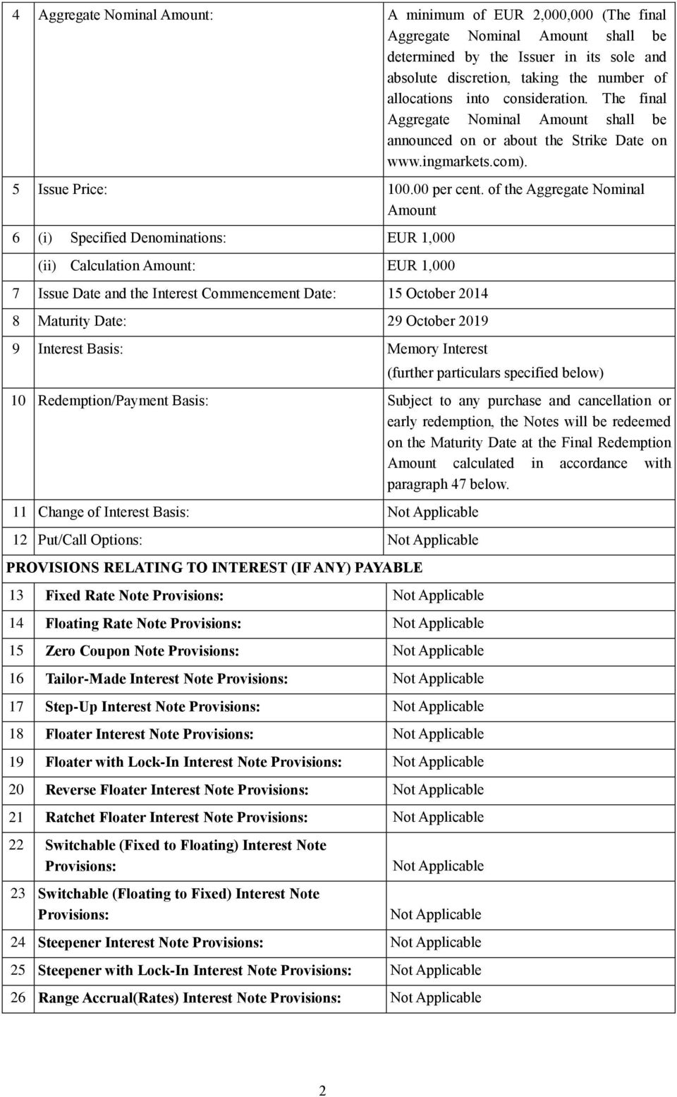of the Aggregate Nominal Amount 6 (i) Specified Denominations: EUR 1,000 (ii) Calculation Amount: EUR 1,000 7 Issue Date and the Interest Commencement Date: 15 October 2014 8 Maturity Date: 29