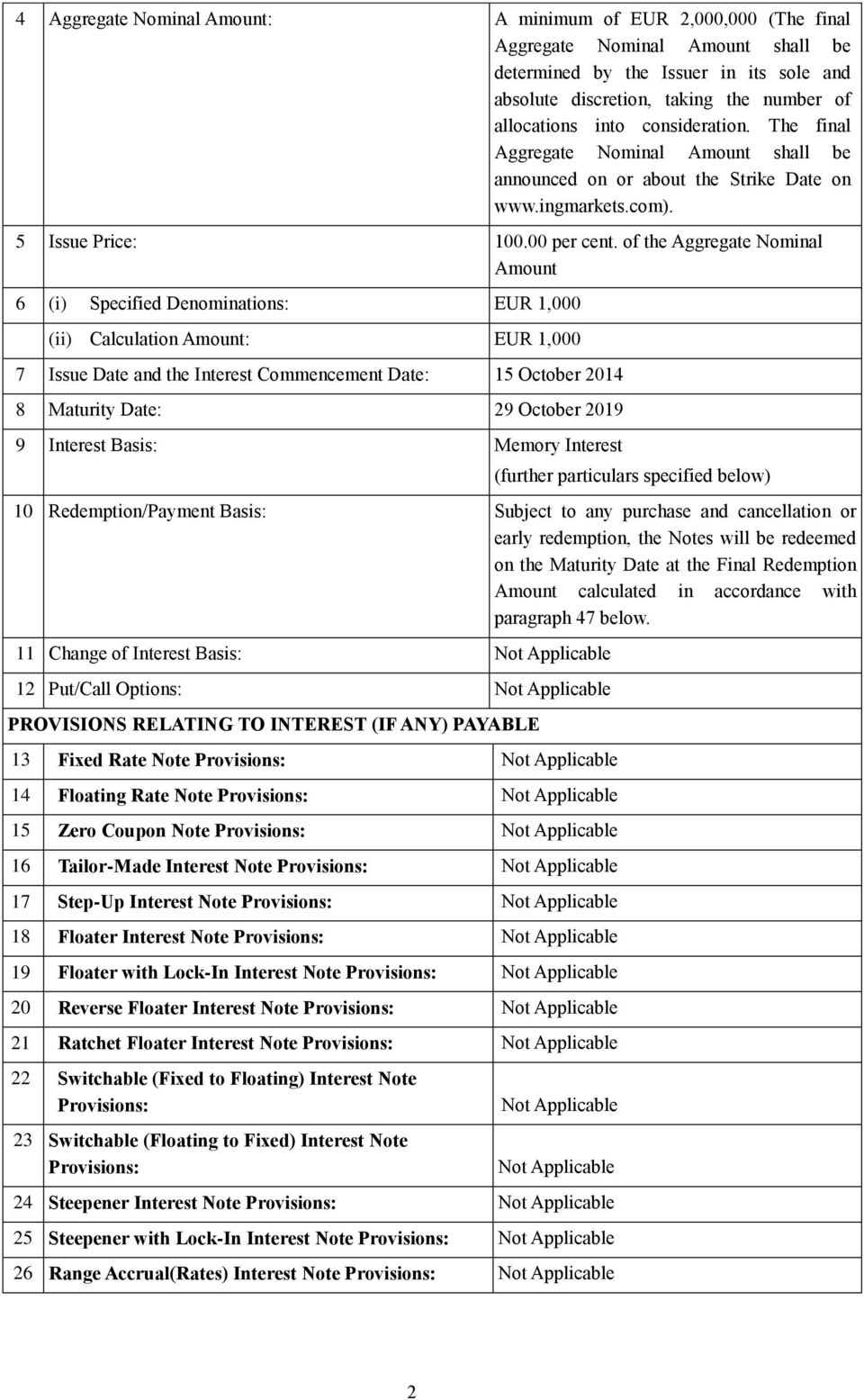 of the Aggregate Nominal Amount 6 (i) Specified Denominations: EUR 1,000 (ii) Calculation Amount: EUR 1,000 7 Issue Date and the Interest Commencement Date: 15 October 2014 8 Maturity Date: 29