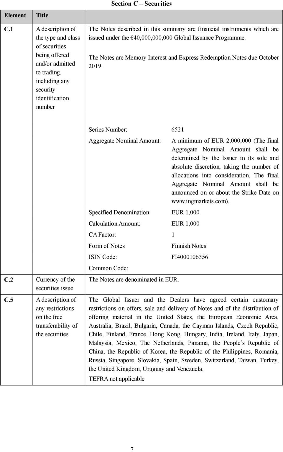 instruments which are issued under the 40,000,000,000 Global Issuance Programme. The Notes are Memory Interest and Express Redemption Notes due October 2019. C.2 Currency of the securities issue C.