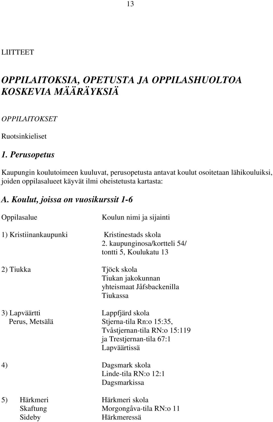 Koulut, joissa on vuosikurssit 1-6 Oppilasalue Koulun nimi ja sijainti 1) Kristiinankaupunki Kristinestads skola 2.