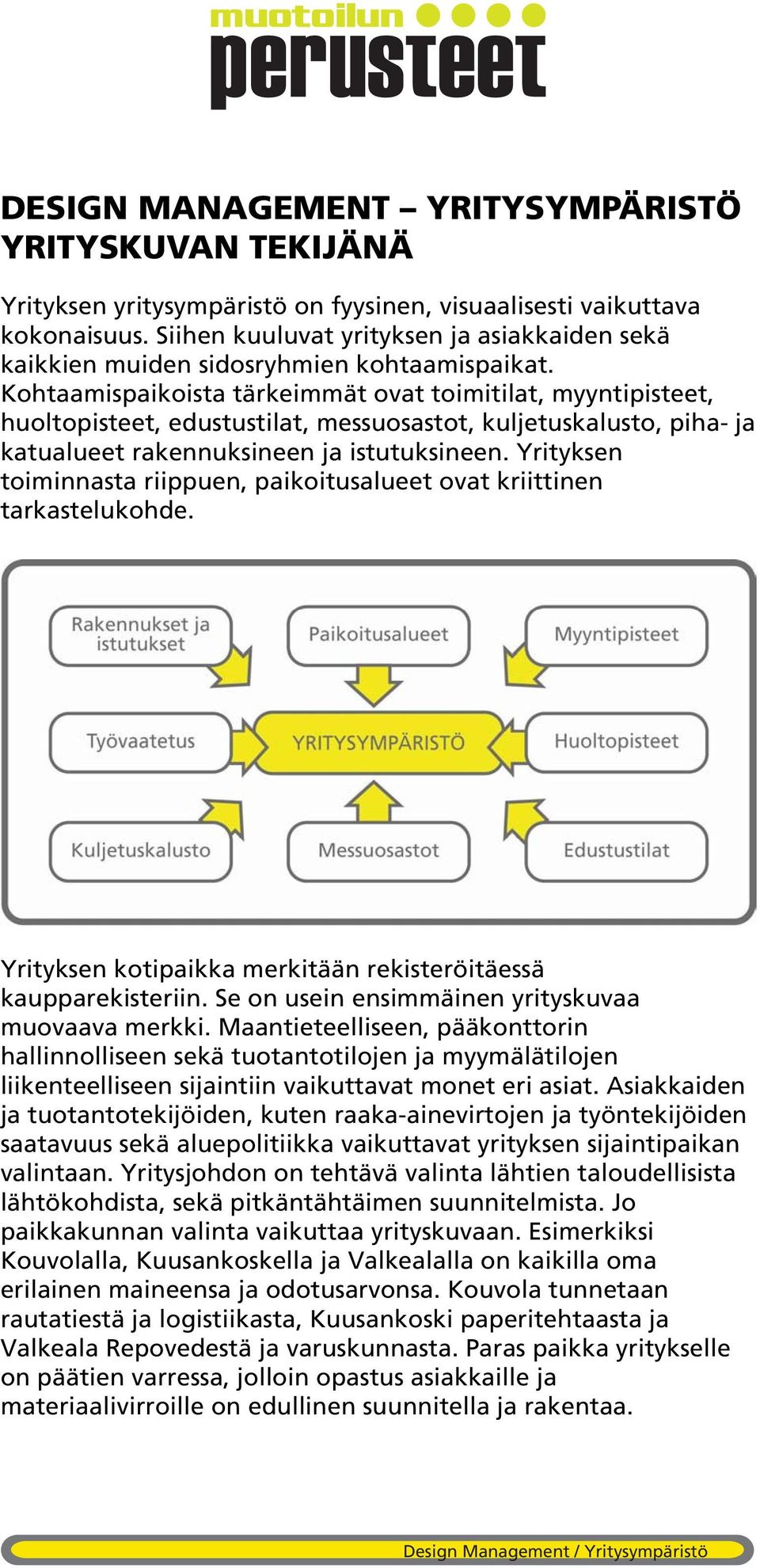 Kohtaamispaikoista tärkeimmät ovat toimitilat, myyntipisteet, huoltopisteet, edustustilat, messuosastot, kuljetuskalusto, piha- ja katualueet rakennuksineen ja istutuksineen.