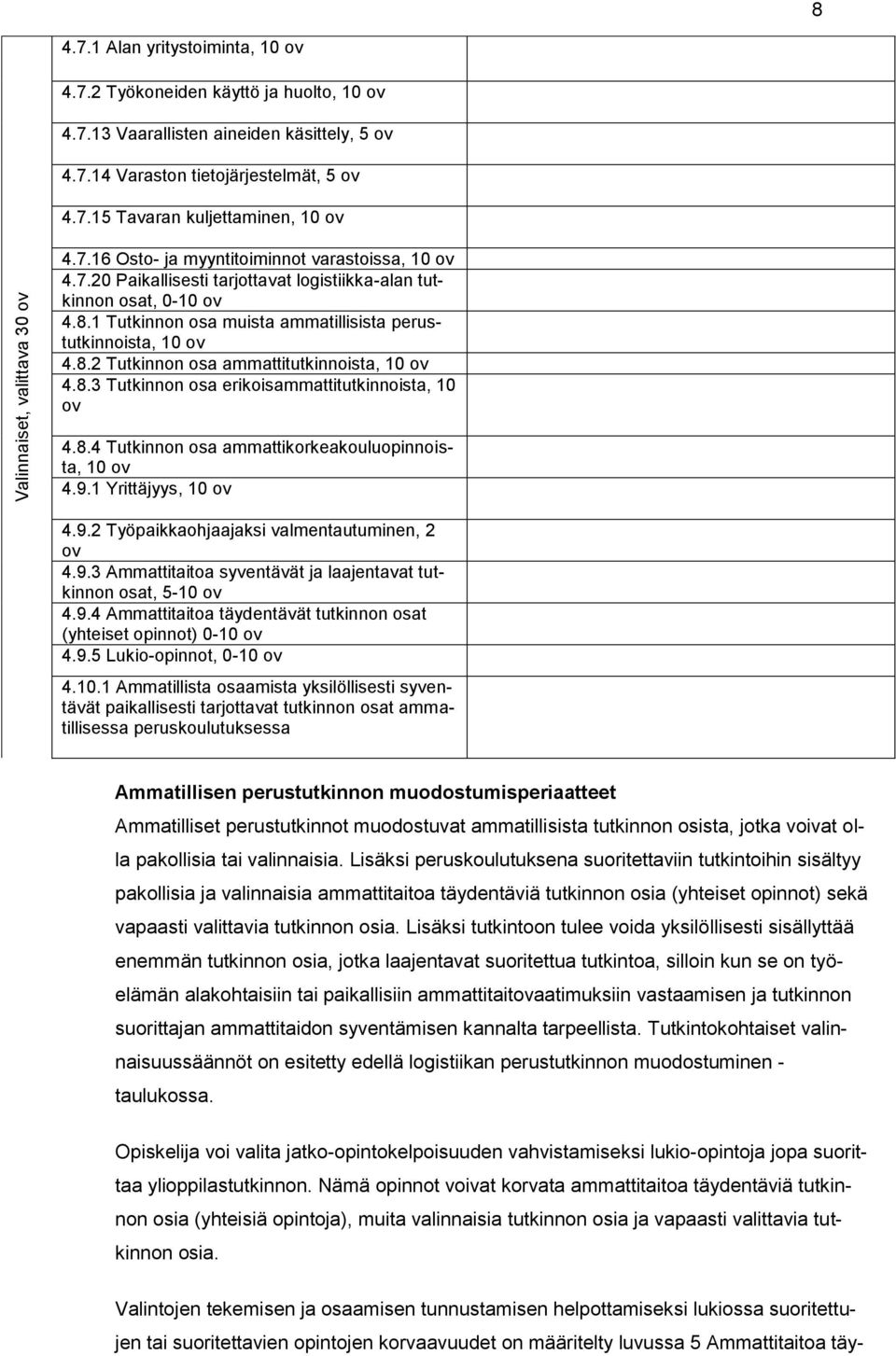 8.3 Tutkinnon osa erikoisammattitutkinnoista, 10 ov 4.8.4 Tutkinnon osa ammattikorkeakouluopinnoista, 10 ov 4.9.1 Yrittäjyys, 10 ov 4.9.2 Työpaikkaohjaajaksi valmentautuminen, 2 ov 4.9.3 Ammattitaitoa syventävät ja laajentavat tutkinnon osat, 5-10 ov 4.