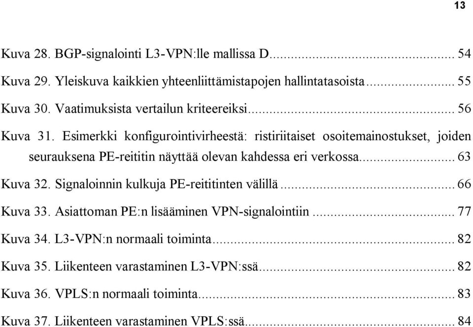 Esimerkki konfigurointivirheestä: ristiriitaiset osoitemainostukset, joiden seurauksena PE reititin näyttää olevan kahdessa eri verkossa... 63 Kuva 32.