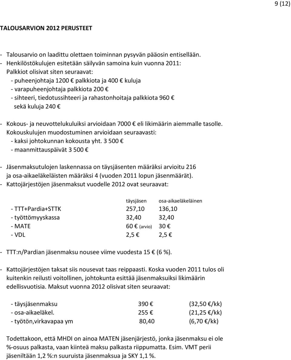 tiedotussihteeri ja rahastonhoitaja palkkiota 960 sekä kuluja 240 - Kokous- ja neuvottelukuluiksi arvioidaan 7000 eli likimäärin aiemmalle tasolle.