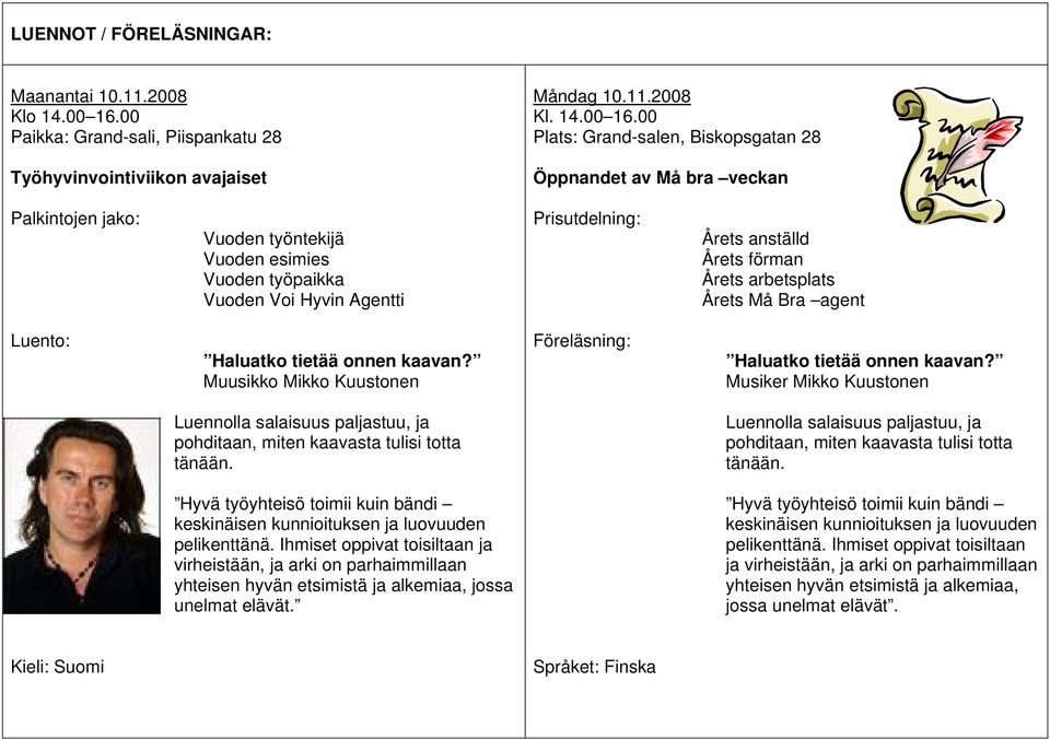 00 Plats: Grand-salen, Biskopsgatan 28 Öppnandet av Må bra veckan Palkintojen jako: Vuoden työntekijä Vuoden esimies Vuoden työpaikka Vuoden Voi Hyvin Agentti Prisutdelning: Årets anställd Årets